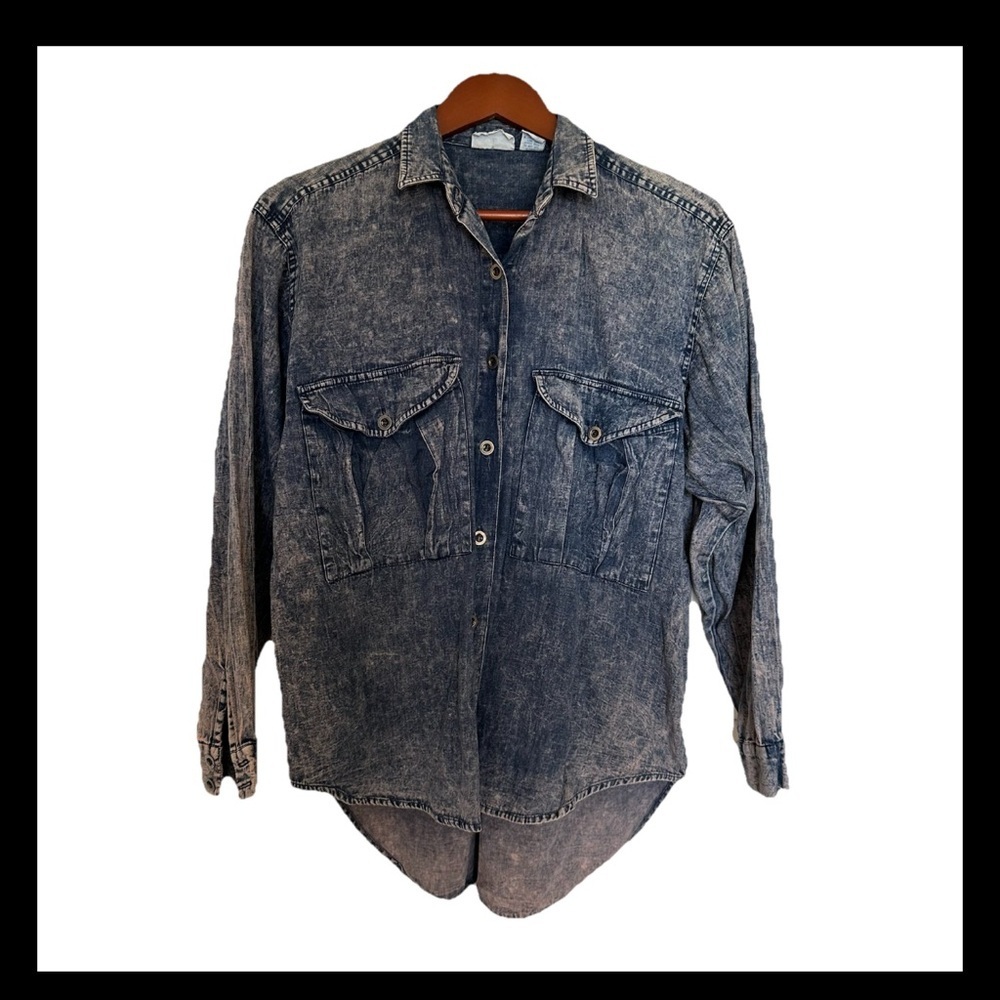 Vintage 80s Acid Wash Denim Shirt Mens M Western Button Down Cowboy Workwear